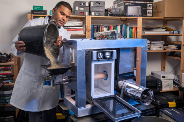 Naicker Scientific’s prototype of a “lunar regolith processing” system. Credit: Max Alexander